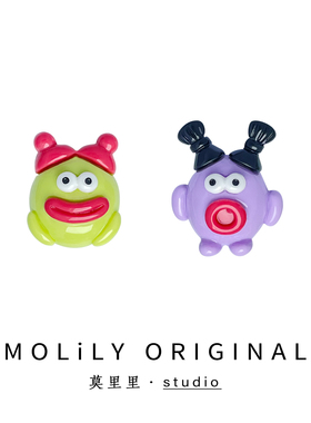 莫里里2024不对称搞怪丑萌绿紫色香肠大嘴怪兽耳钉无痛硅胶耳夹