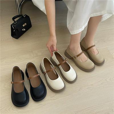 法式复古一字带玛丽珍单鞋女2023年春夏新款百搭粗跟配裙子小皮鞋