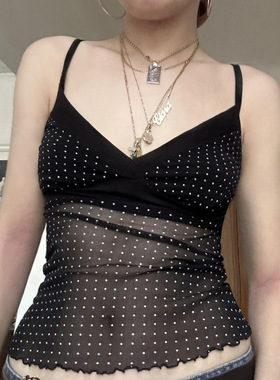 纯欲风波点印花网纱拼接透视感吊带少女感减龄撞色修身外穿背心女
