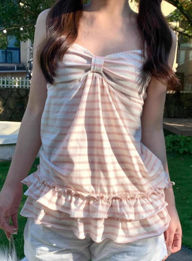 甜美可爱少女条纹A摆荷叶边吊带背心时尚休闲居家蝴蝶结褶上衣