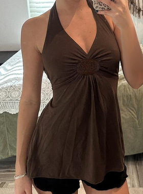 美式复古棕色刺绣贴交叉挂脖背心欧美秋季新品V领美背打底衫上衣