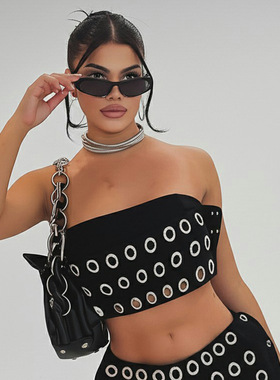 欧美街头个性性感辣妹鸡眼金属套装修身显瘦纯色抹胸+低腰短裤秋