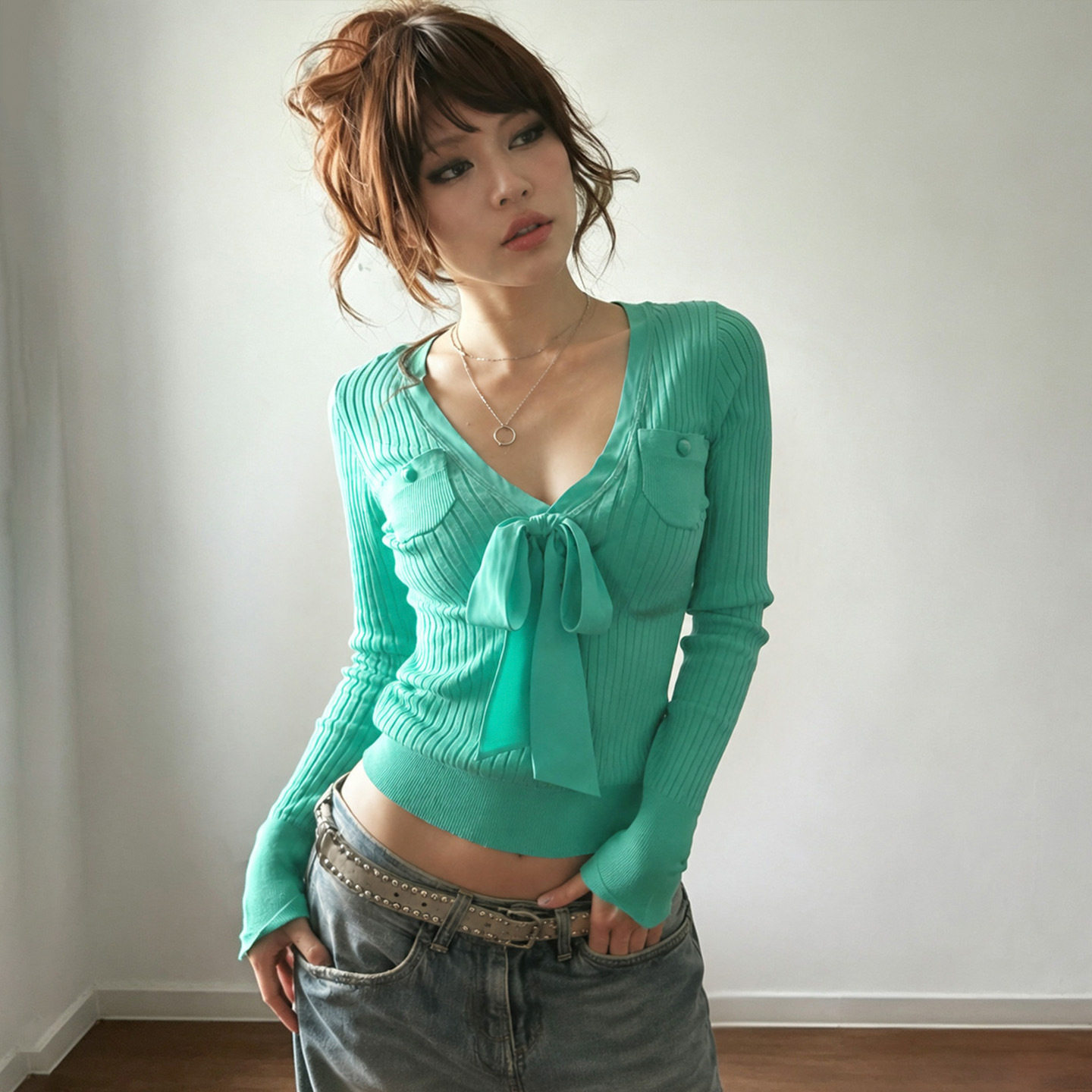 纯欲辣妹风口袋设计螺纹坑条T恤衫深V领系带修身显瘦短款针织上衣