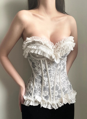 法式纯欲复古风木耳边胸型束腰抹胸女秋季修身显瘦露肩性感背心女