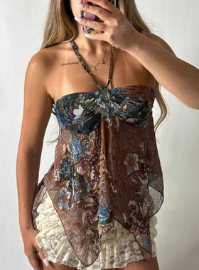 美式复古碎花挂脖小背心女外穿内搭性感火辣度假风显瘦短款上衣秋