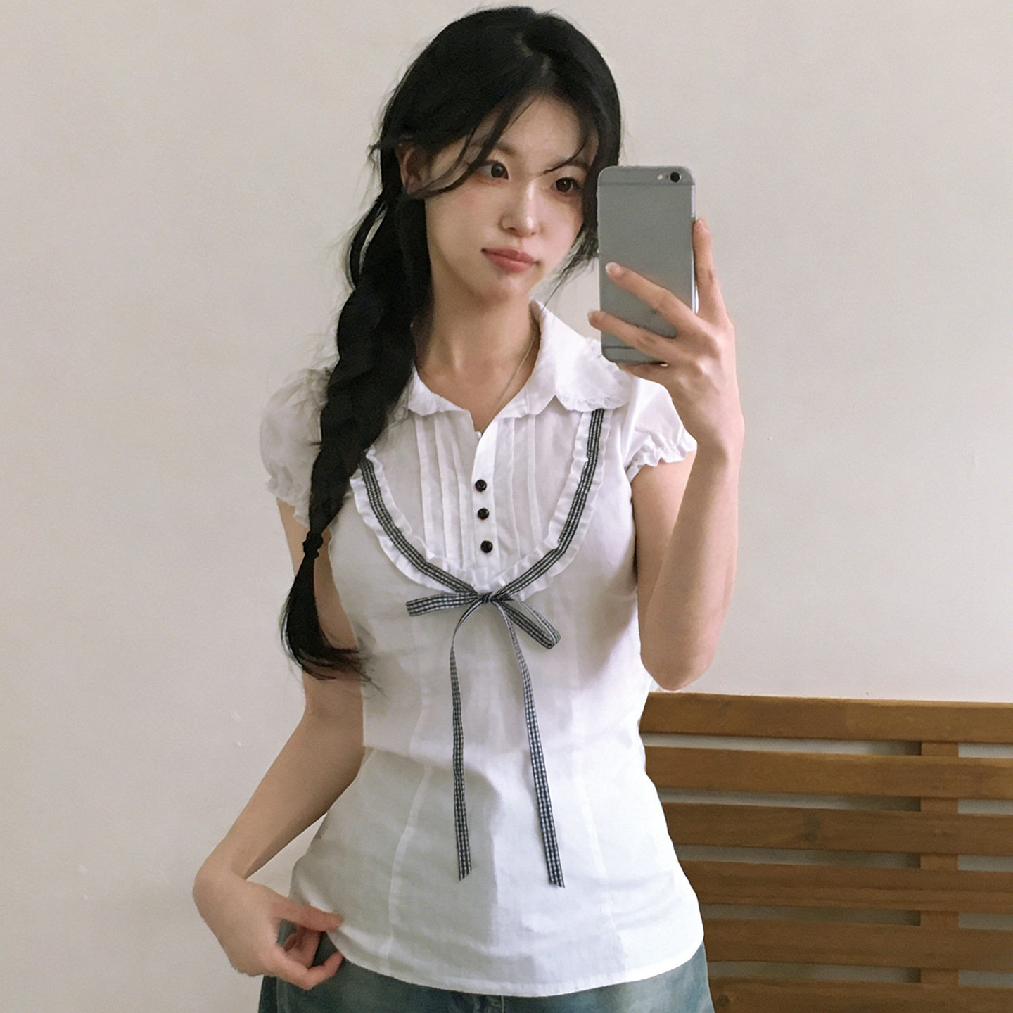 欧美学院风乖巧翻领花边上衣春夏新款系带撞色修身显瘦短袖T恤女