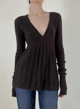 麻花娃娃款毛织上衣针织衫女装新品复古低胸V领舒适休闲风长袖冬