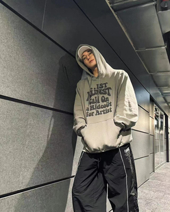 seventeen全圆佑同款ins字母加绒连帽卫衣女oversize宽松上衣碳灰