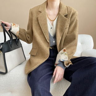 法式 外套女手工外缝线刺绣拼接卡其色廓形上衣驼色 老钱风毛呢西装