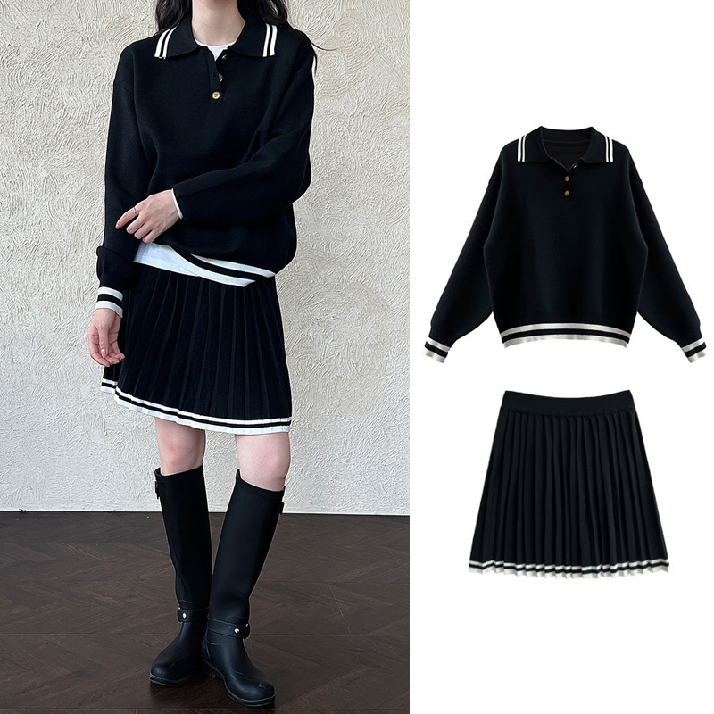 学院风polo领宽松针织毛衣百褶短裙套装2025春秋两件套新款减龄瘦