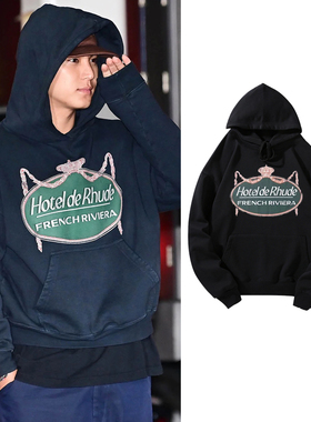 seventeen金珉奎同款黑色连帽卫衣男女美式复古印花字母宽松上衣