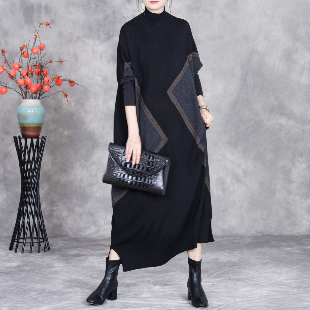 慵懒风撞色毛衣裙大码宽松连衣裙