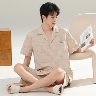 2026年新款睡衣男士夏季纯棉短袖短裤宽松青年夏款翻领家居服套装