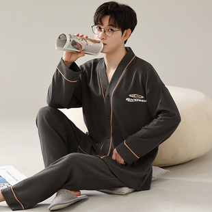 2025新款睡衣男士春秋男款纯棉长袖大码华夫格和服v领家居服套装