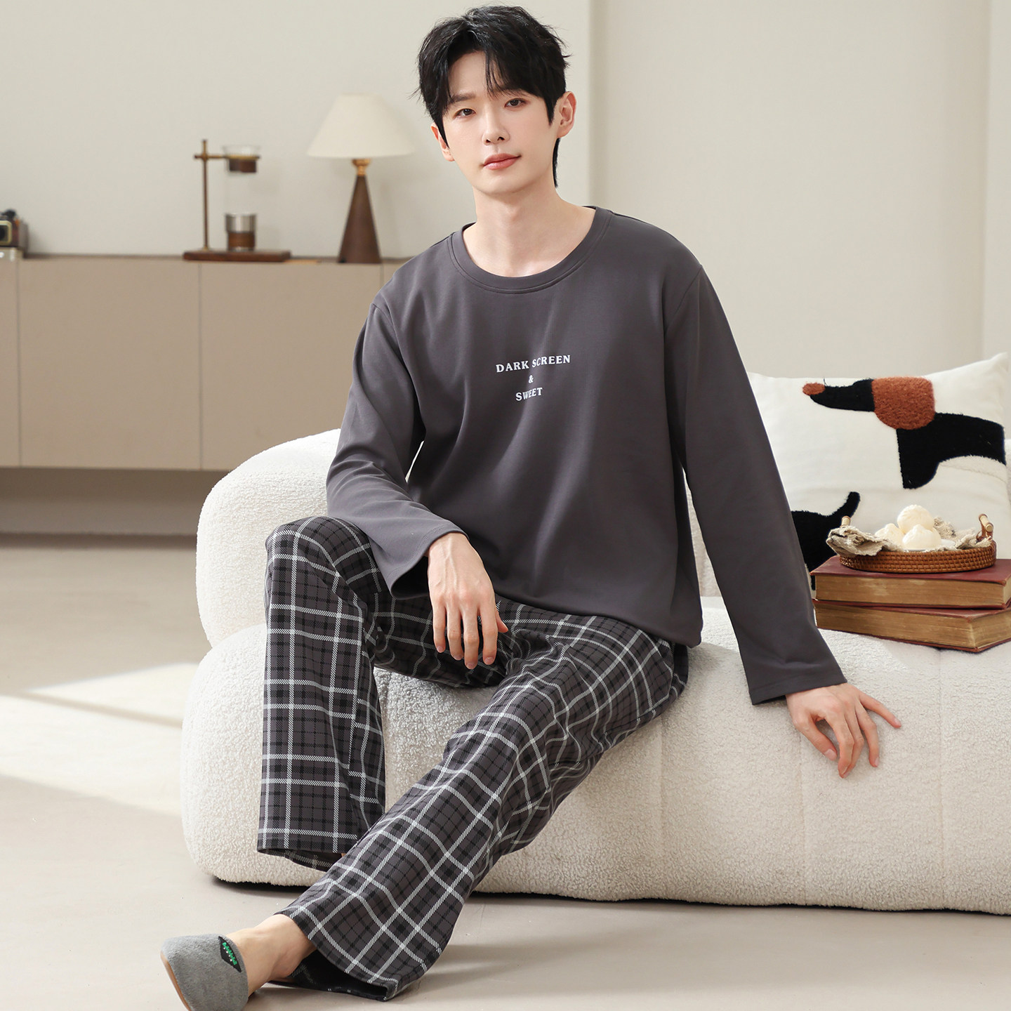 家曼妃春秋男士100%棉家居服套装