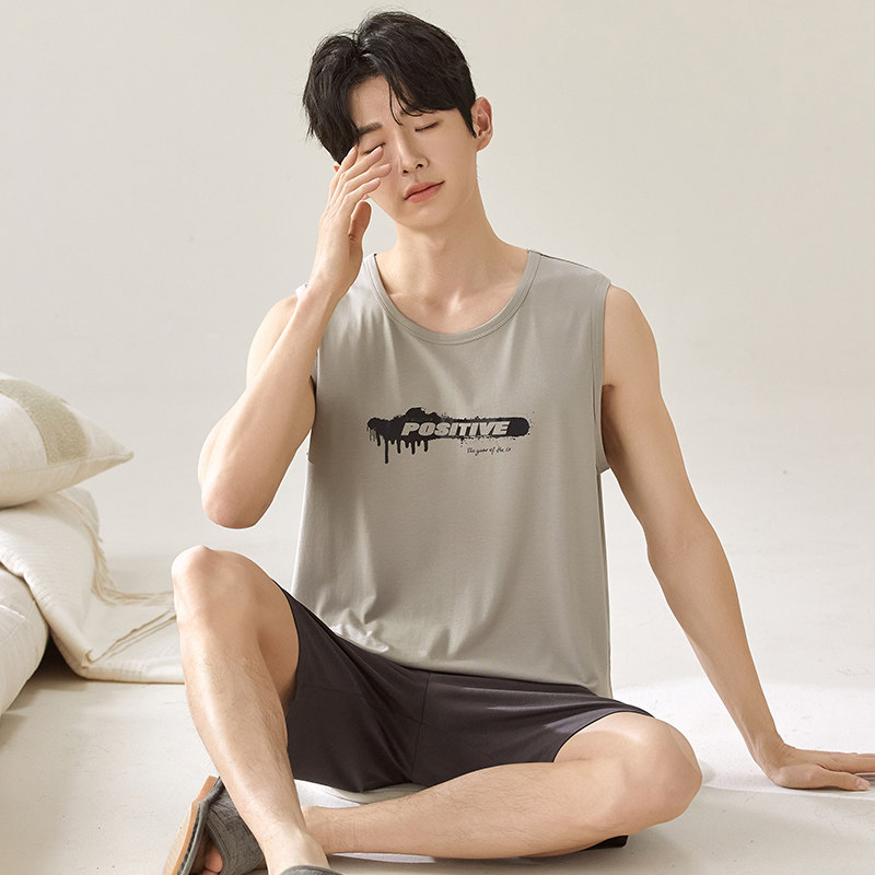 睡衣男士夏季莫代尔无袖背心短裤薄款冰丝凉感可外穿加大码家居服