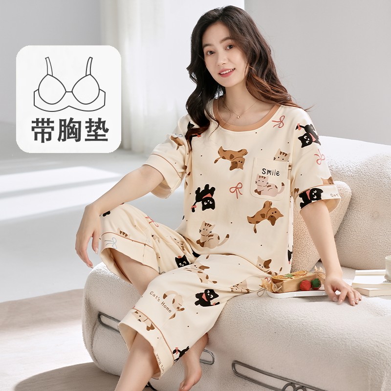 睡衣女夏短袖纯棉七分裤套装卡通薄款2025新款夏天带胸垫家居服