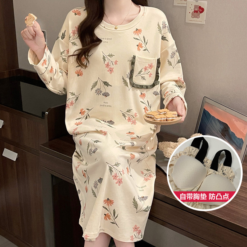 睡裙带胸垫女春秋季孕妇睡衣纯棉长袖中长款宽松大码连衣裙家居服