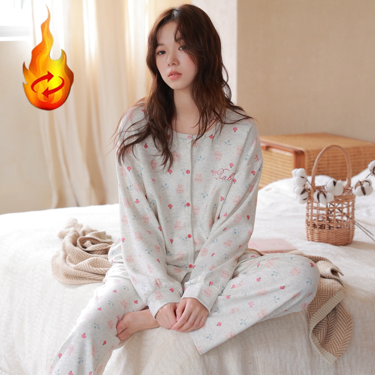 睡衣女秋冬季德绒长袖保暖薄绒可爱卡通开衫羊绒家居服套装可外穿