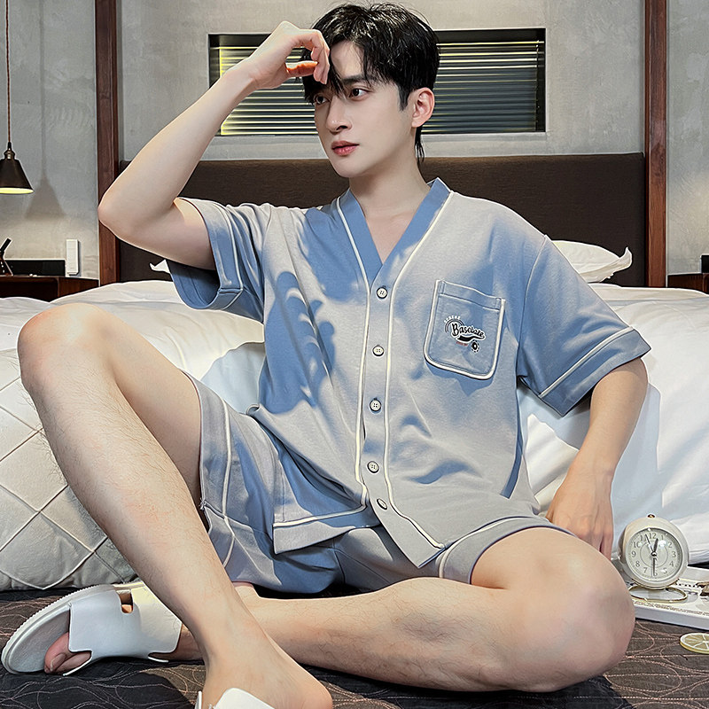 2025新款睡衣男士夏天纯棉短袖开衫家居服男款薄款青少年休闲套装