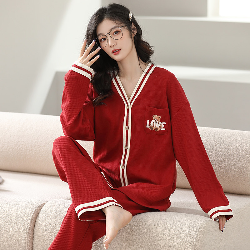 睡衣女春秋2026新款长袖纯棉大码春夏季v领红色本命年家居服套装