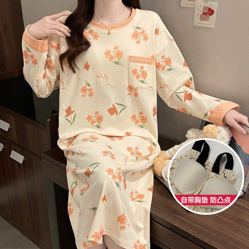 带胸垫睡衣女长袖甜美韩版薄款春秋季睡裙冬天大码孕妇家居服长裙