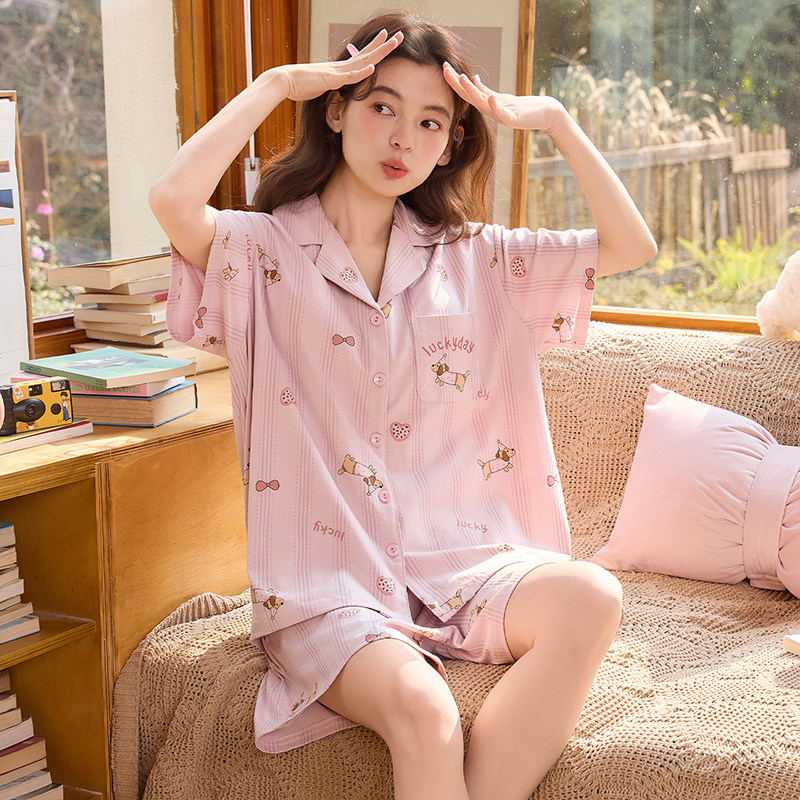 睡衣女士夏季纯棉2026新款夏天休闲开衫全棉短袖短裤两件套家居服