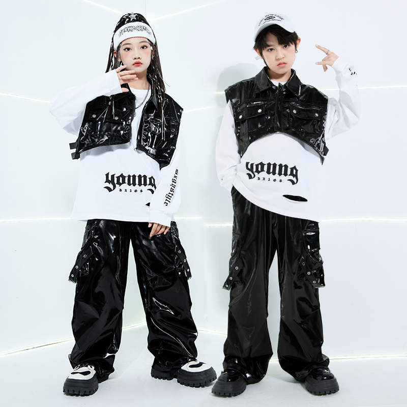 街舞儿童潮服嘻哈宽松美式复古皮衣马甲套装炸街男女童表演服帅酷