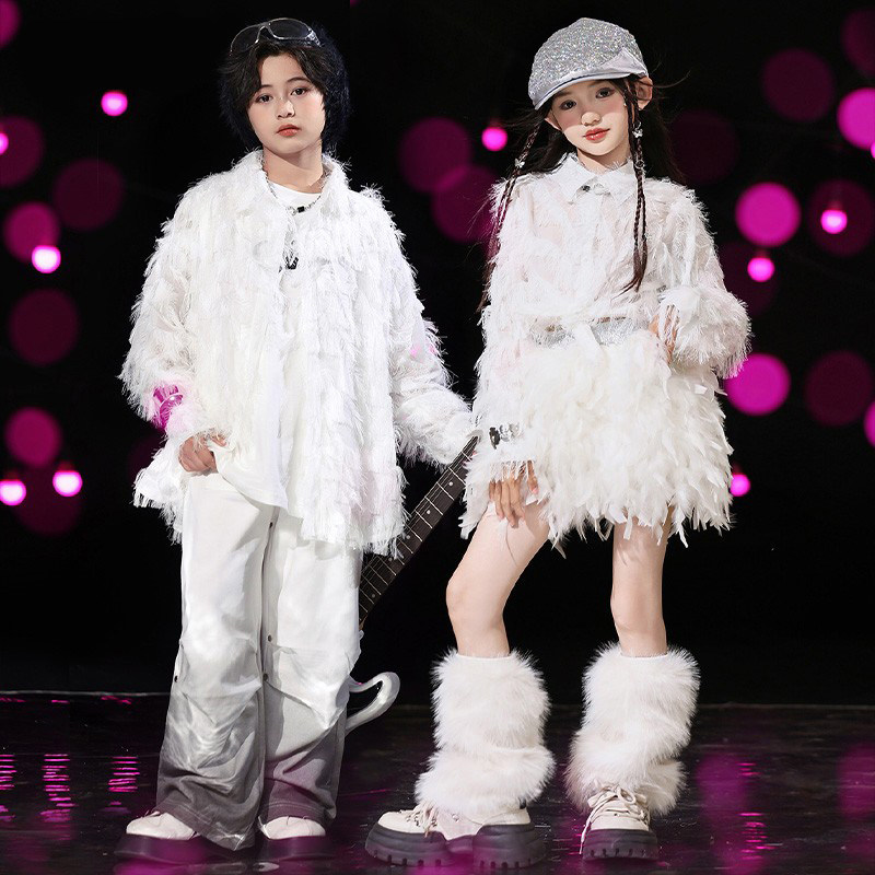 街舞儿童潮服男童羽毛衬衫新款演出服装女童jazz爵士舞女团表演服