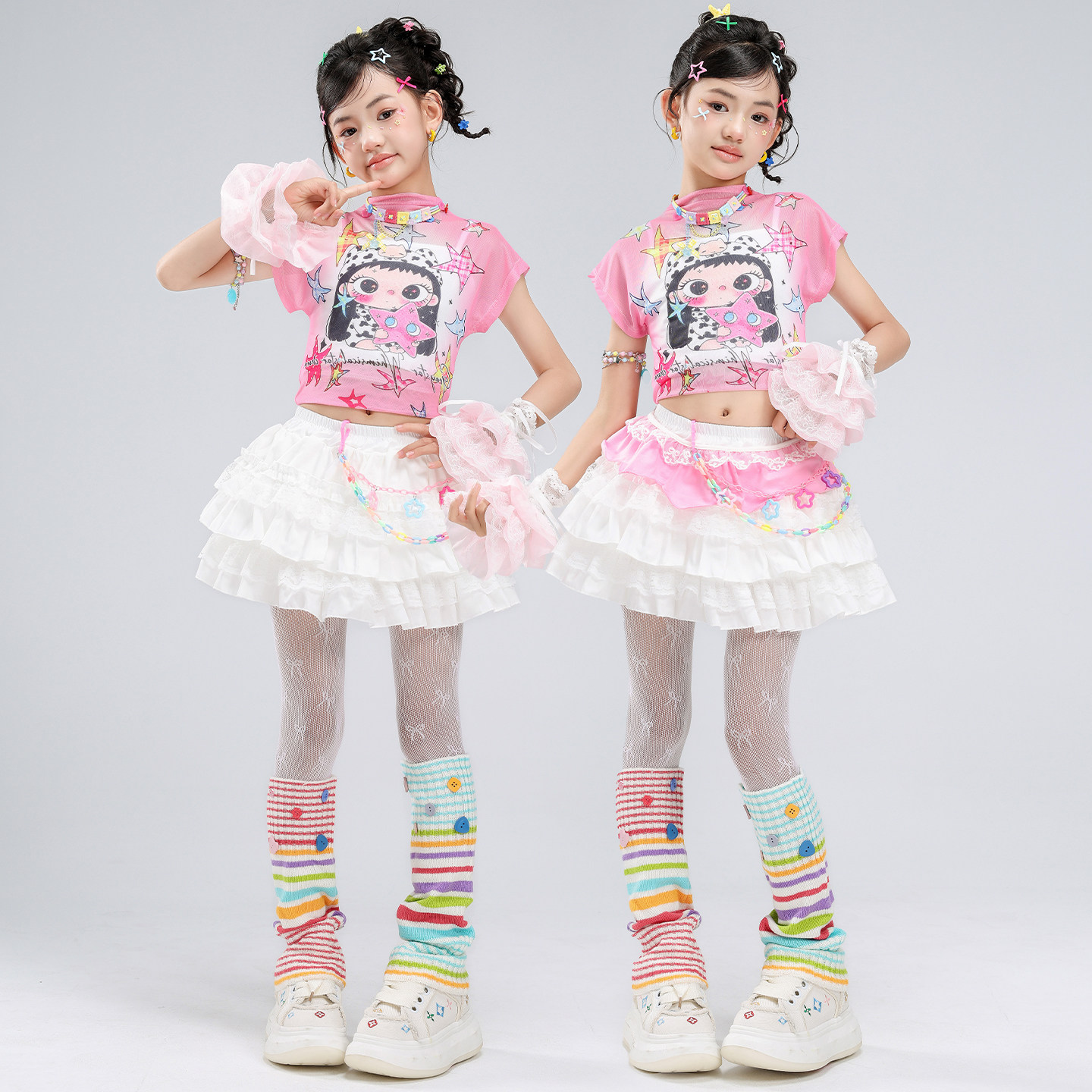 爵士舞女童服装露脐卡通双面小女孩舞蹈服套装韩版时髦jazz表演服