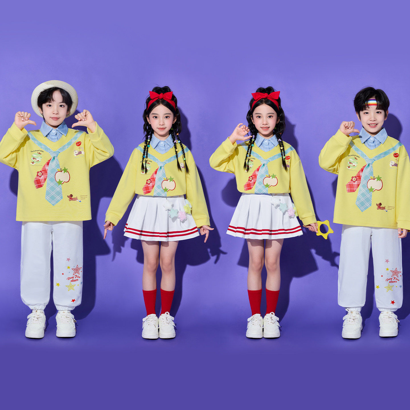 儿童啦啦队演出服黄色假两件诗歌朗诵合唱表演服小学生运动会服装