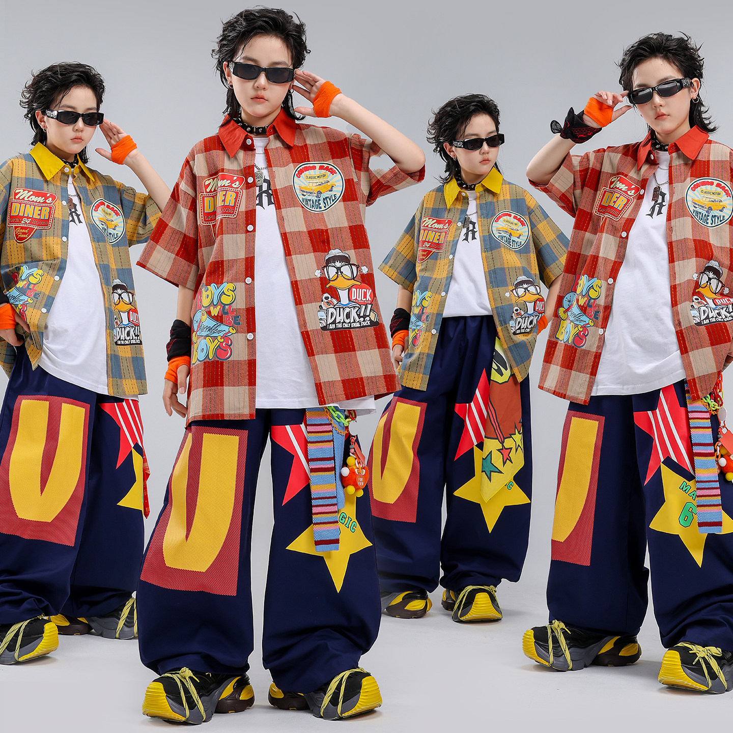 少儿街舞服装嘻哈男童美式滑板衬衫星星套装hiphop演出服儿童潮服