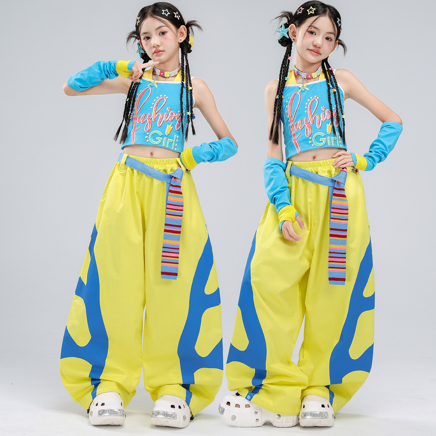 女童爵士舞套装露脐上衣蓝黄吊带舞蹈服jazz潮流嘻哈孩表演服装女