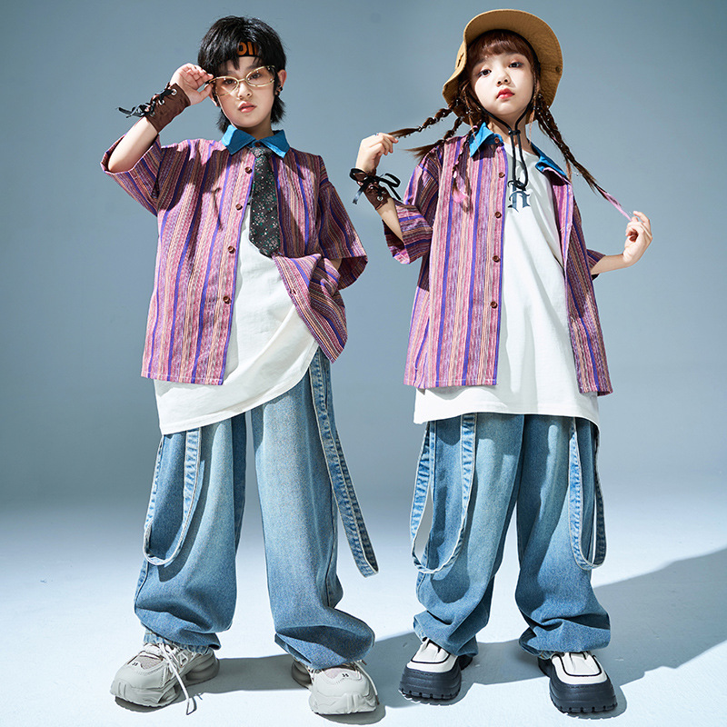 童新款撞色衬衫牛仔裤街舞演出服