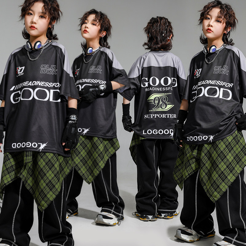 街舞儿童潮服嘻哈风短袖练功服裤子套装男童少儿hiphop演出服女孩