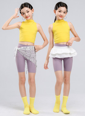 儿童舞蹈服女童练功服黄色修身背心小高领瑜伽艺考形体日常训练服