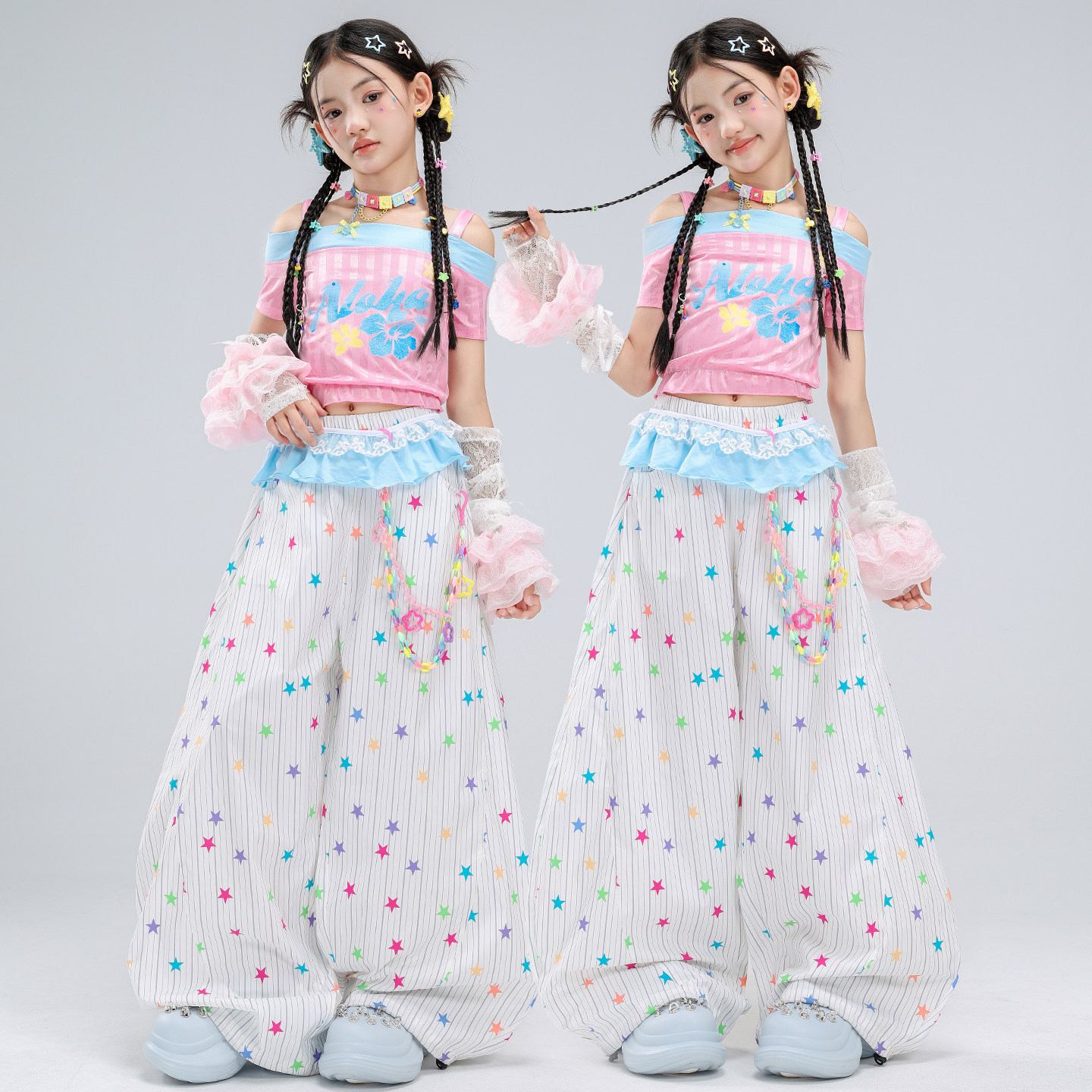 儿童爵士舞服装时髦女童一字肩吊带舞蹈服jazz女孩街舞潮服套装女