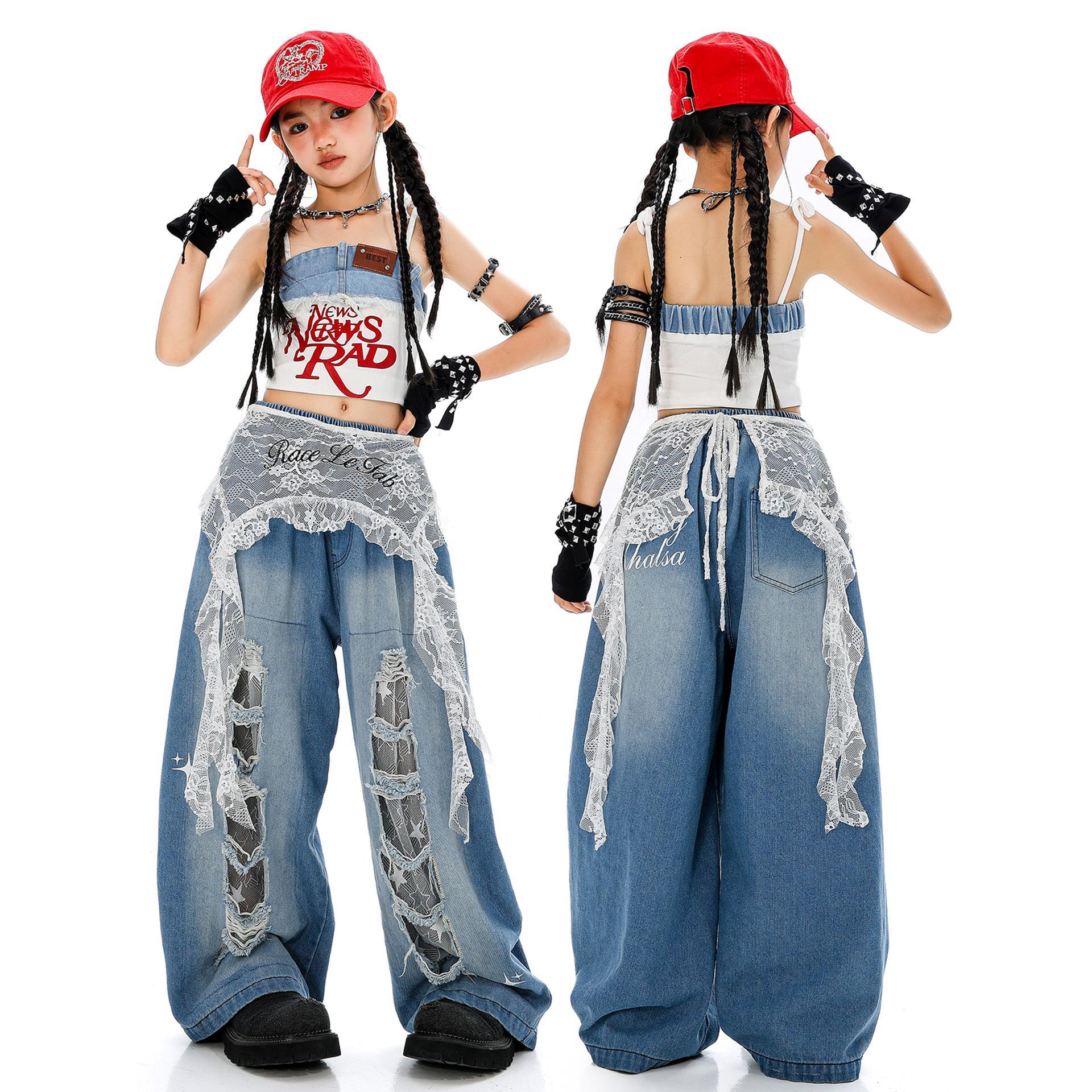 爵士舞服装女童韩版练功服少儿jazz女孩破洞牛仔长裤表演出潮服夏