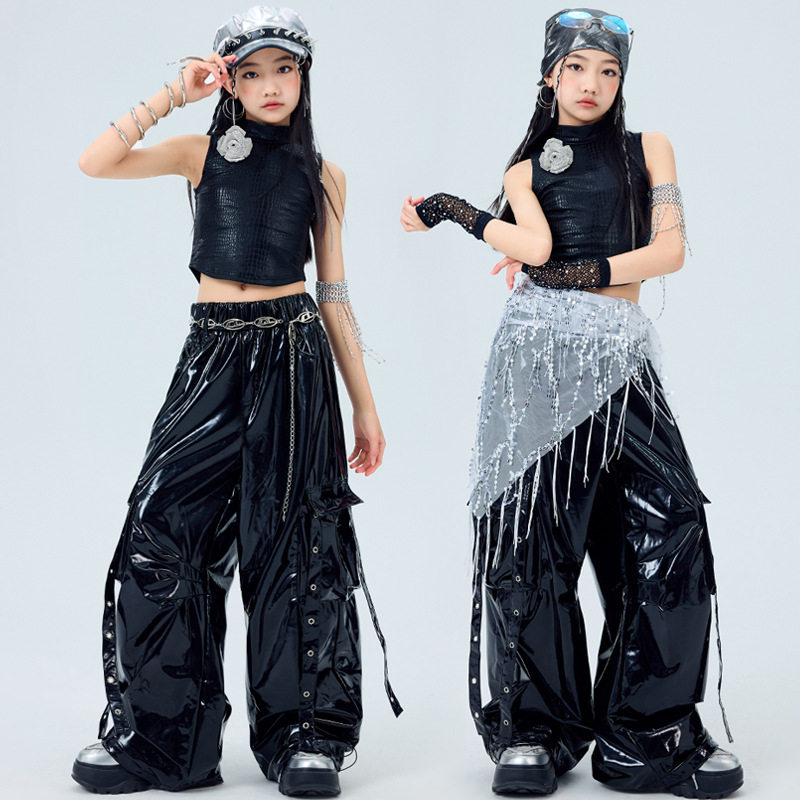 女童爵士舞酷帅亮黑背心皮裤套装街舞潮服演出服套装女孩舞蹈表演