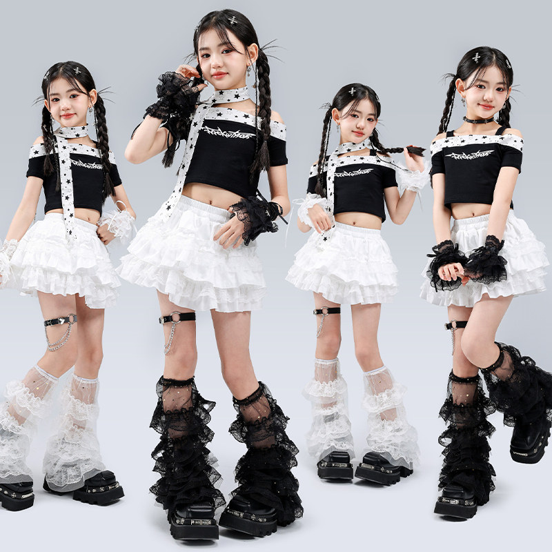 女童爵士舞演出服露脐网纱蛋糕裙jazz幼儿舞蹈半身裙表演服装套装