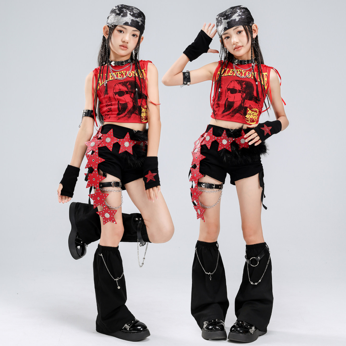 爵士舞服装女童红色露脐人像吊带表演服套装jazz女孩走秀舞蹈服女