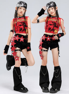爵士舞服装女童红色露脐人像吊带表演服套装jazz女孩走秀舞蹈服女