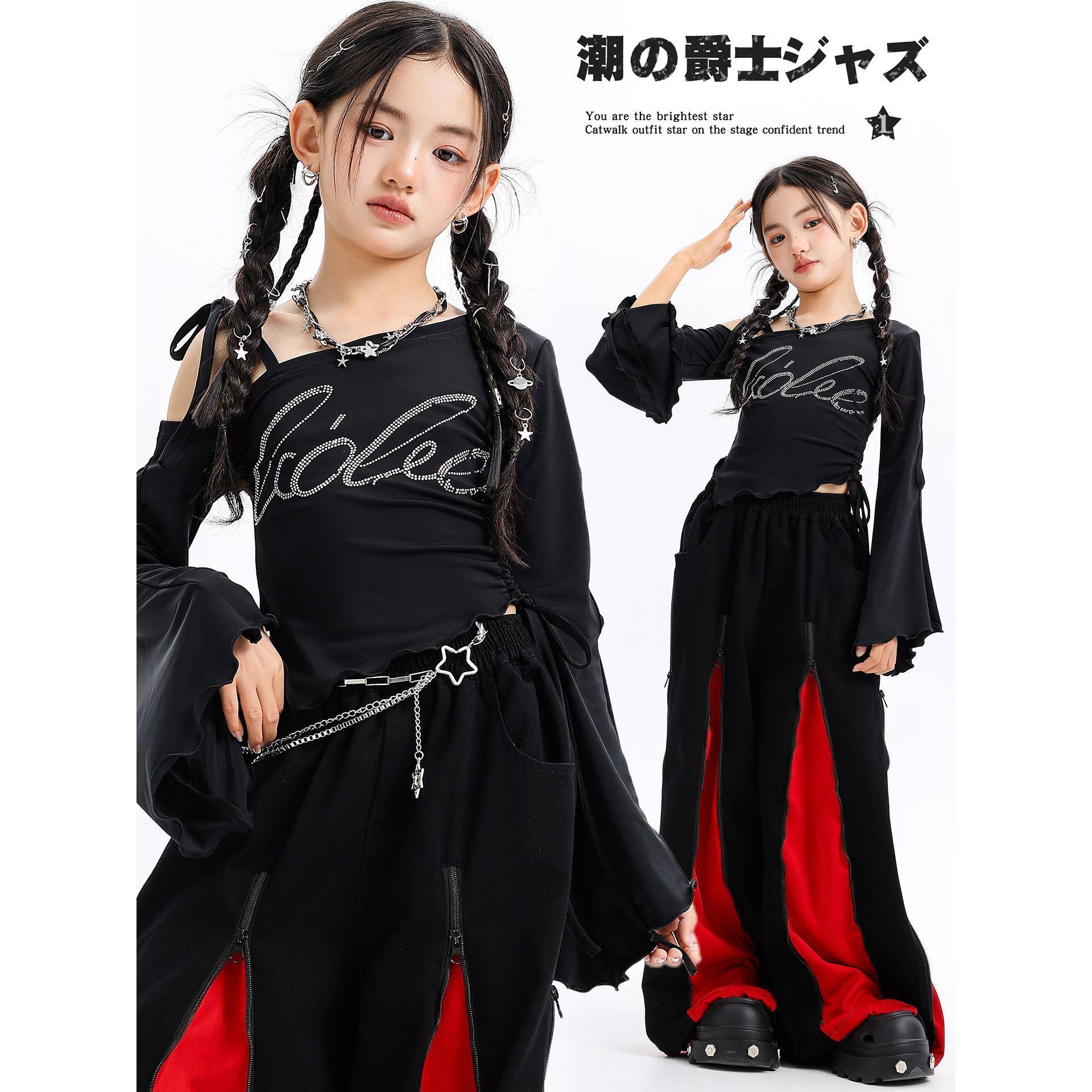 女童爵士舞演出服韩版jazz露脐时髦套装少儿潮牌hiphop街舞表演服