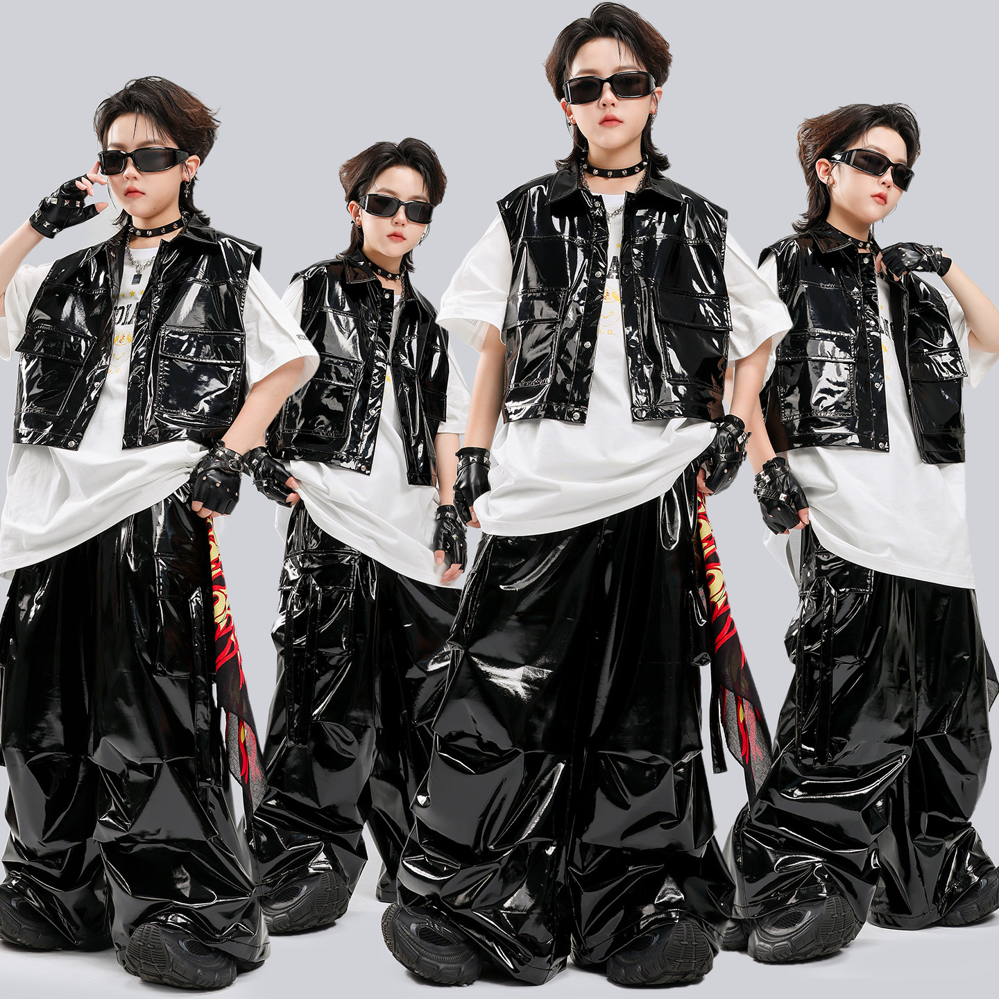 男童演出服嘻哈街舞帅气皮衣马甲潮套装酷帅炸街男孩架子鼓表演服