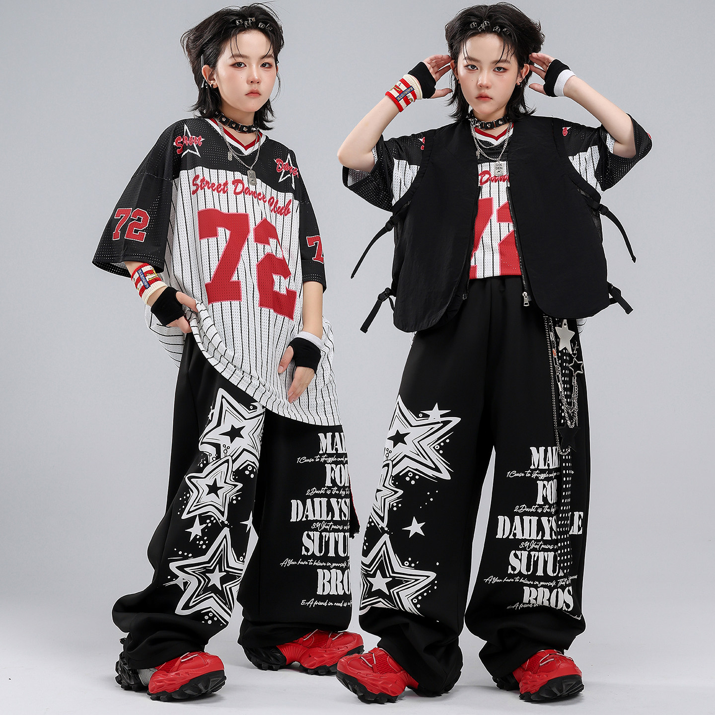 儿童街舞潮服嘻哈男童酷帅黑白条纹72表演服套装hiphop少儿演出服