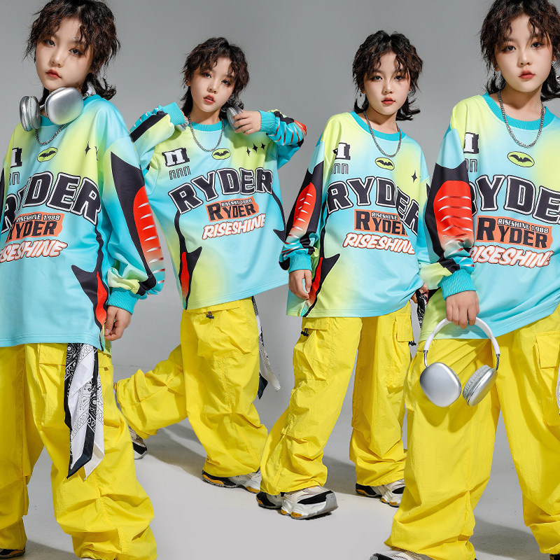 街舞儿童潮服嘻哈美式上衣多巴胺裤子套装少儿hiphop演出服男女通