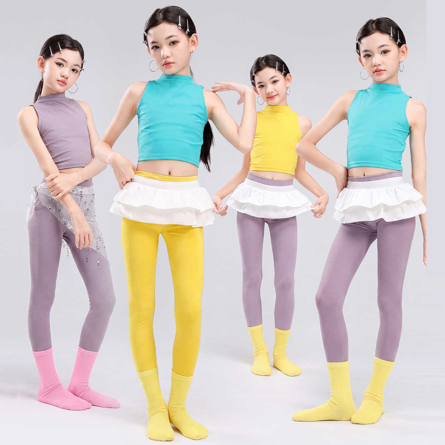 爵士舞女童服装马卡龙多色背心练功服形体服瑜伽训练服露脐舞蹈服