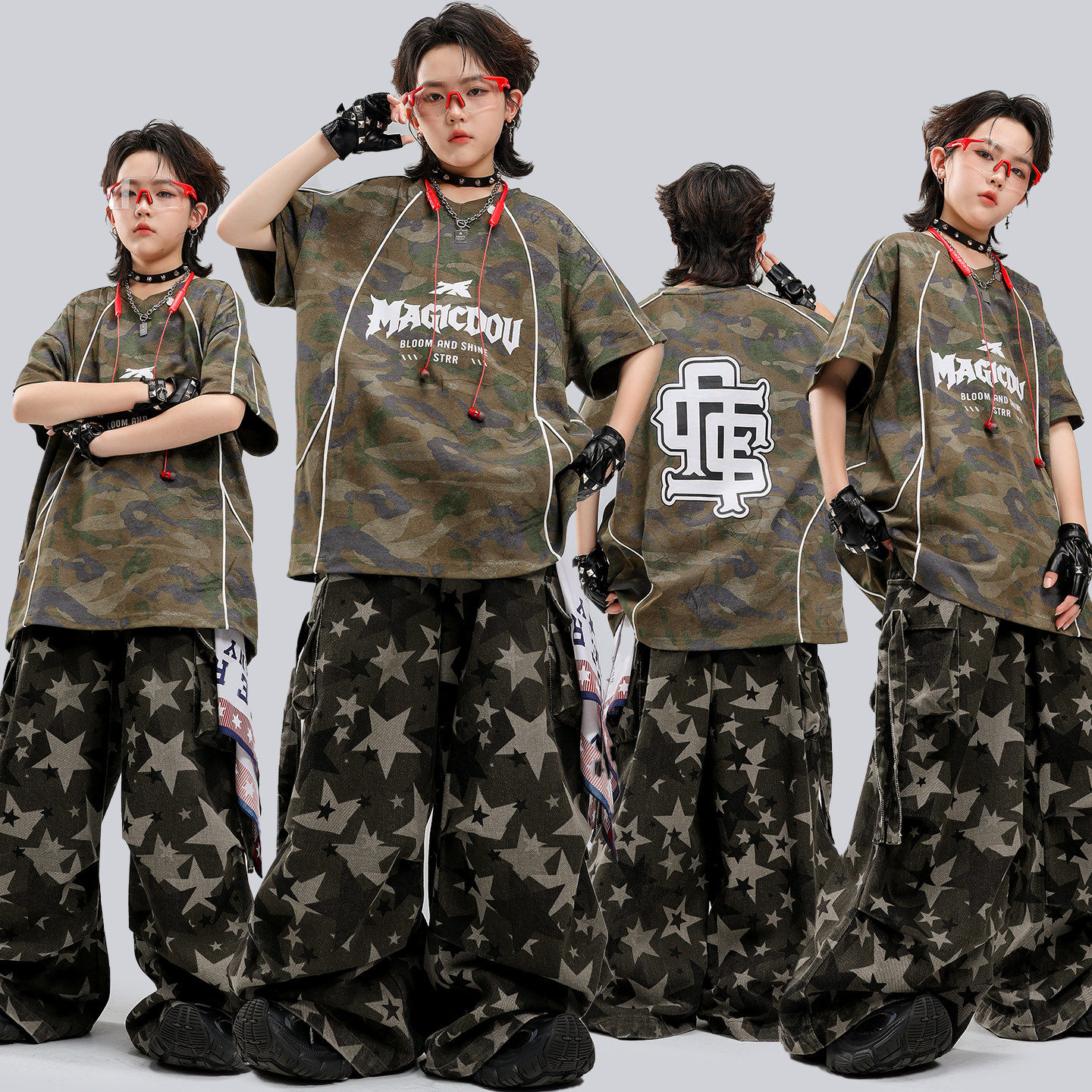 六一儿童街舞演出服嘻哈夏季男童宽松迷彩套装hiphop少儿表演潮服