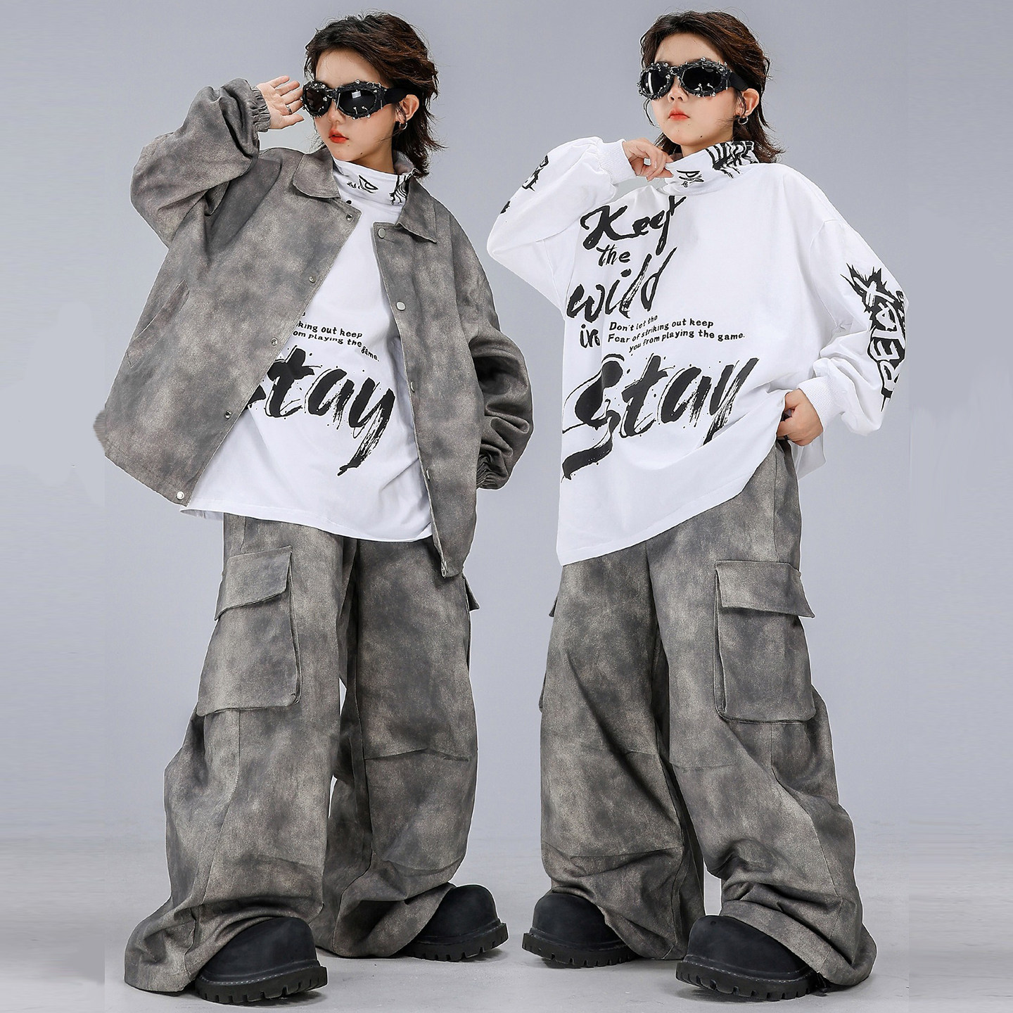 街舞儿童潮服嘻哈男童灰色秋冬套装hiphop酷帅女童酷帅六一演出服