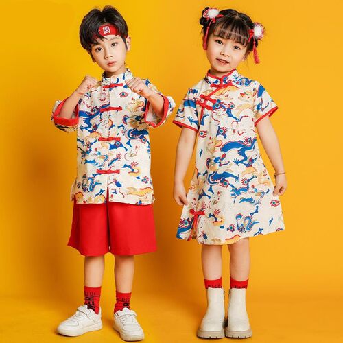 儿童中国风汉服唐装演出服男女童喜庆旗袍合唱诗歌朗诵幼儿园班服
